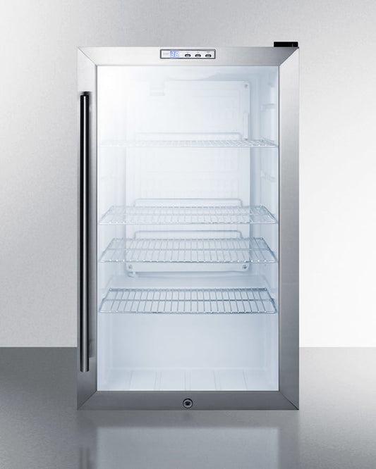 Summit SCR486L Commercial Freestanding Beverage Merchandiser Designed For The Display And Refrigeration Of Beverages And Sealed Food, With Glass Door, Black Cabinet, Front Lock, And Digital Thermostat
