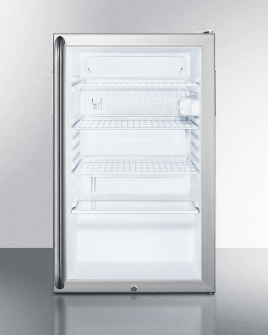 Summit SCR450LBI7SHADA Commercially Listed Ada Compliant 20" Wide Glass Door All-Refrigerator For Built-In Use, Auto Defrost W/Lock, Full-Length Towel Bar Handle And White Cabinet